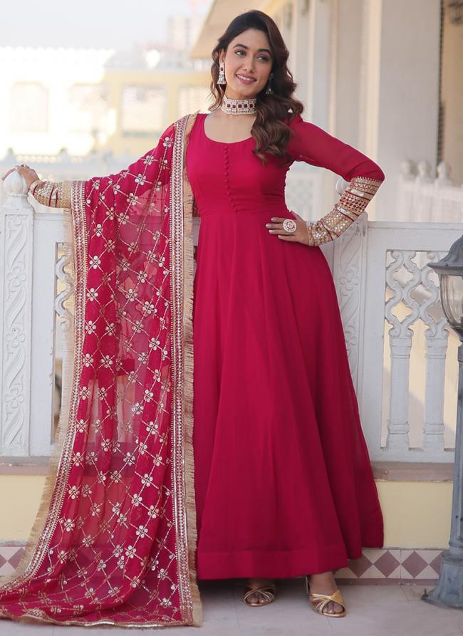 Faux Georgette Pink Festival Wear Embroidery Work Gown With Dupatta